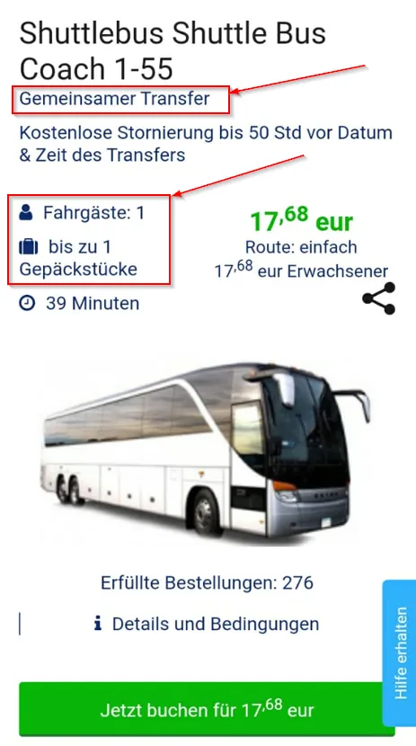 Ein Fragment der Website-Seite mit einer Beschreibung des Fahrzeugs.