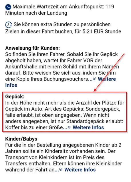 Freigepäck in der Beschreibung des Transfers mit dem Auto