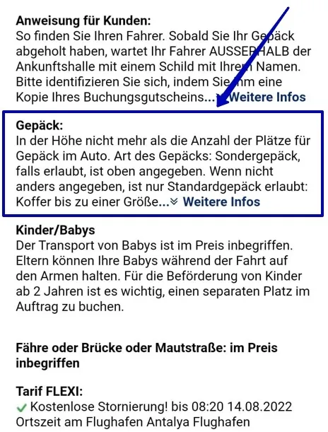 Bestellfragment Informationen zum Gepäckvolumen.